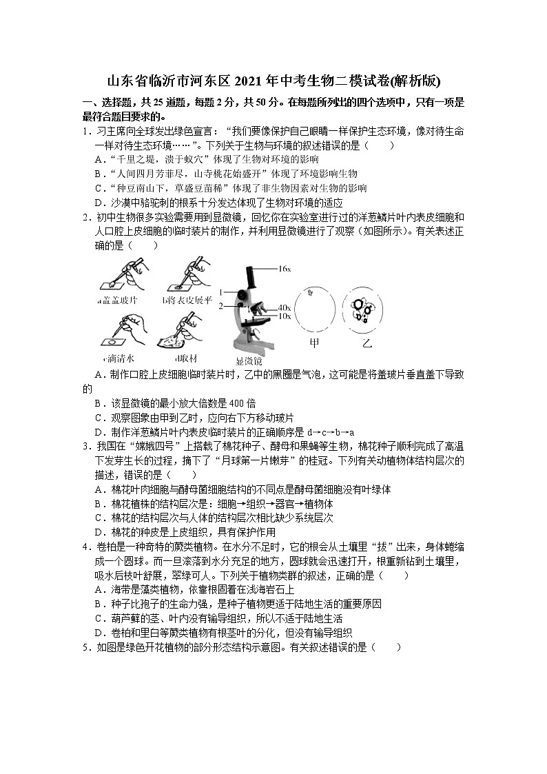 山东省临沂市河东区2021年中考生物二模试卷 及答案01
