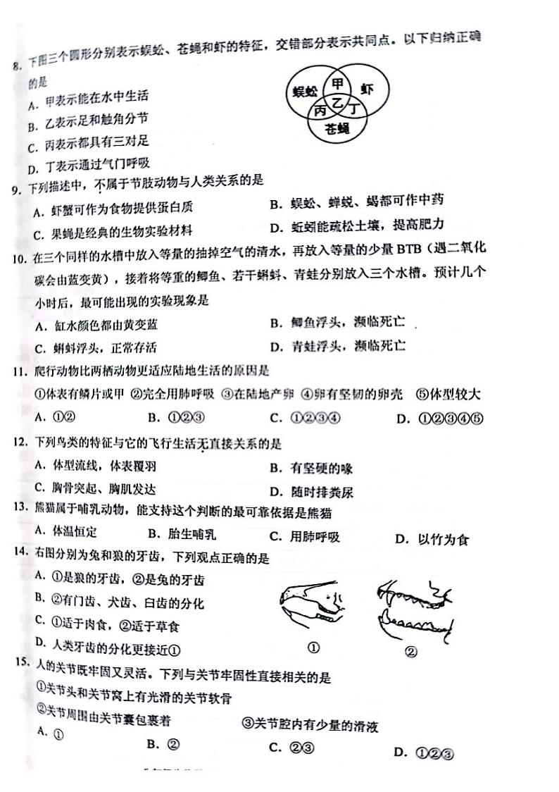 广东省中山市2021-2022学年上学期八年级生物期末试卷(无答案)第2页