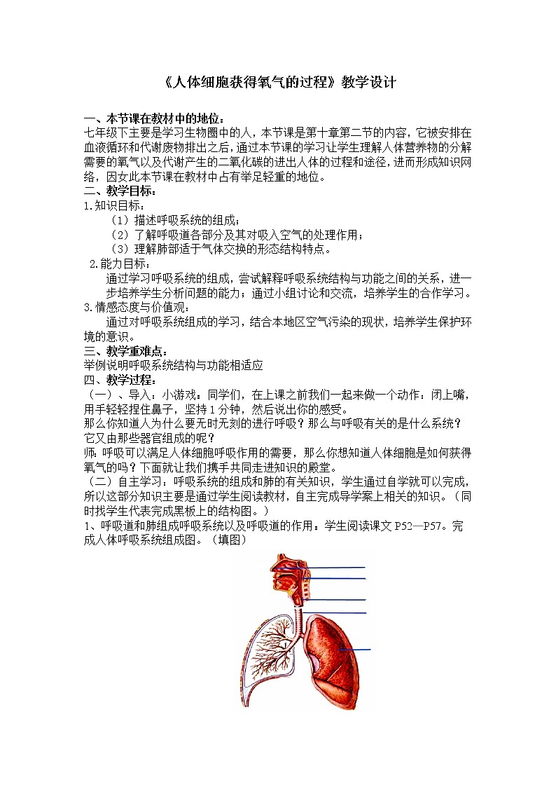 北师大版生物七年级下册 第10章 第2节 人体细胞获得氧气的过程(11)(教案)第1页