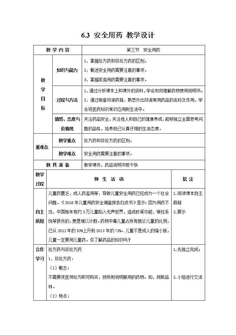 6.3 安全用藥 教學設(shè)計第1頁