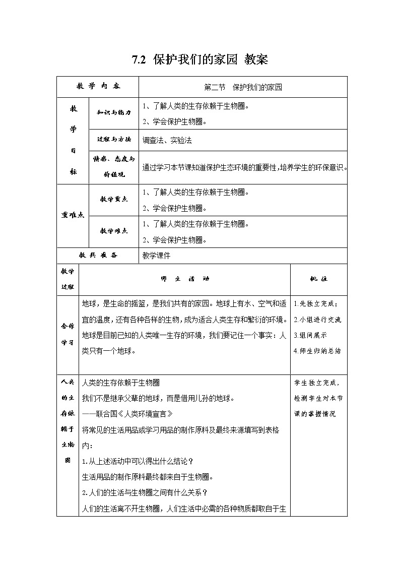 7.2 保护我们的家园(课件+教学设计+练习+学案)01