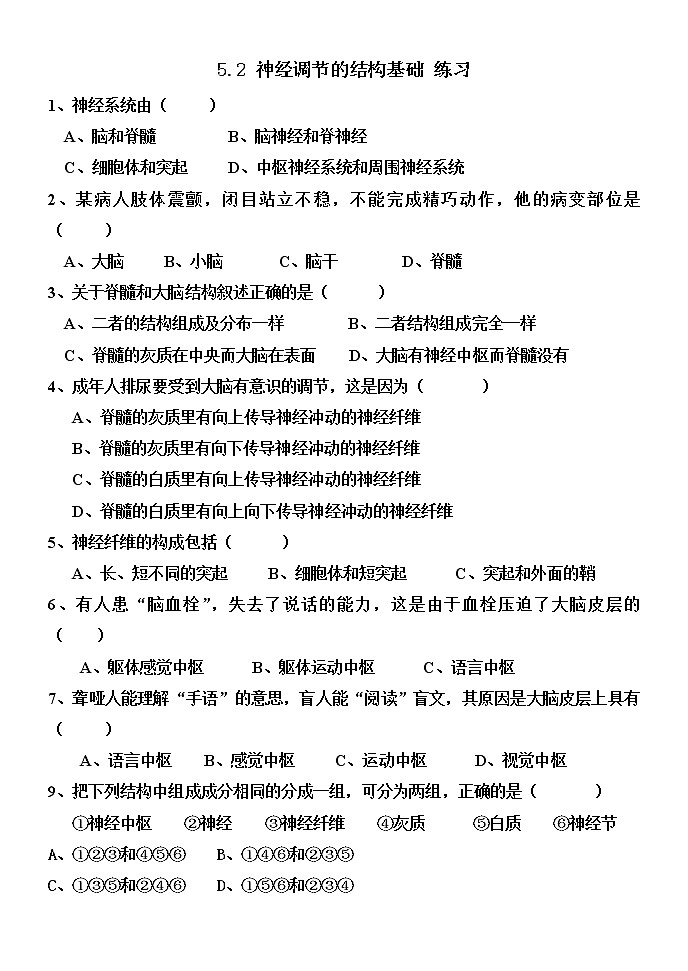 5.2 神經(jīng)調(diào)節(jié)的結(jié)構(gòu)基礎(chǔ) 練習(xí)第1頁(yè)