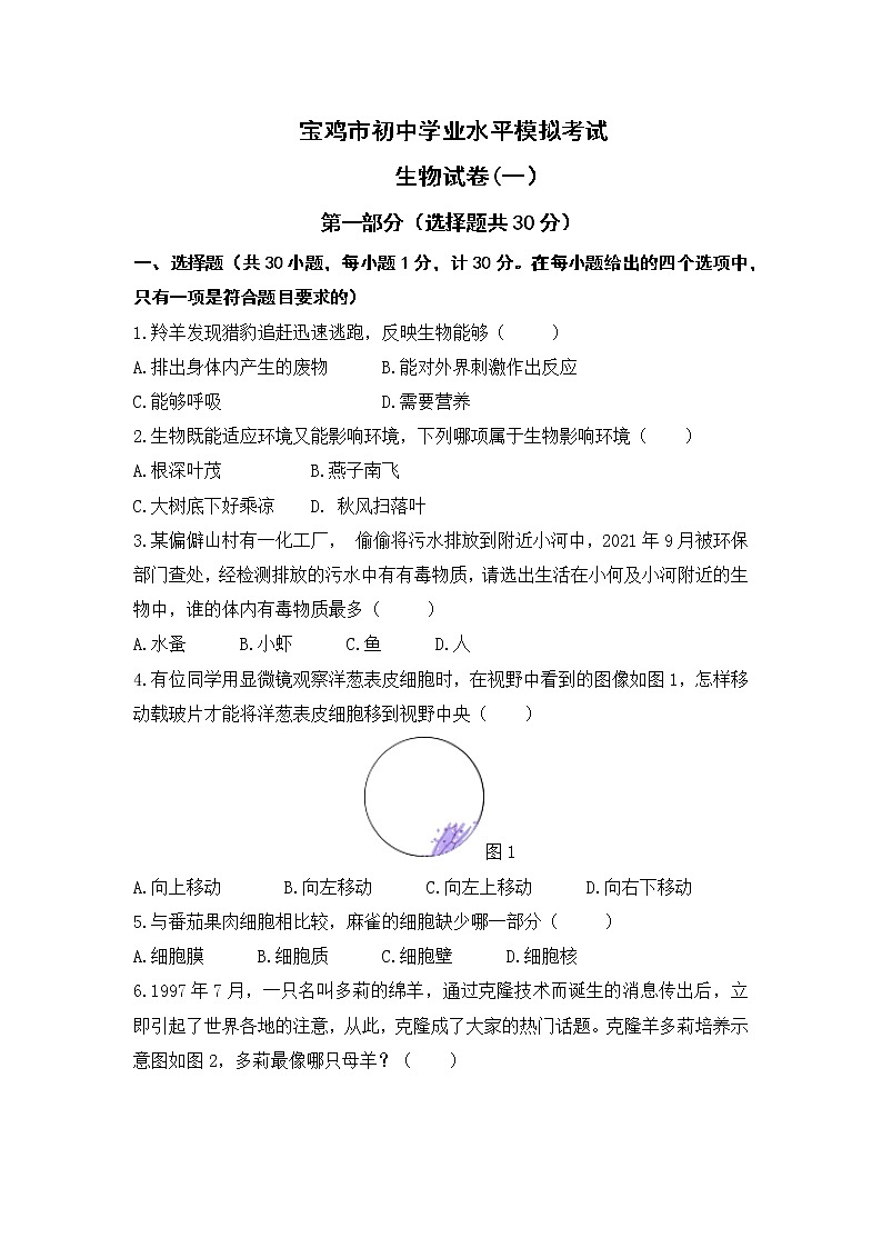2022年陕西省宝鸡市初中学业水平模拟考试生物试题(一)01