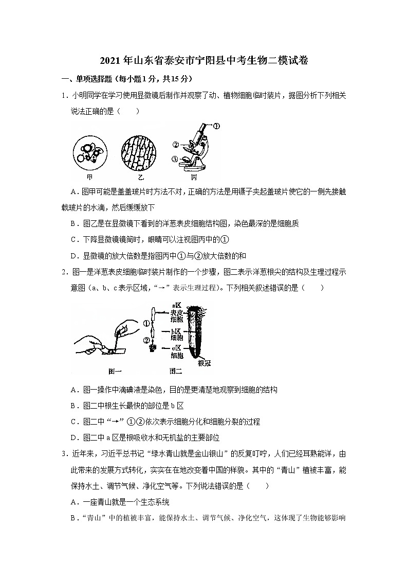 2021年山东省泰安市宁阳县中考生物二模试卷及答案第1页