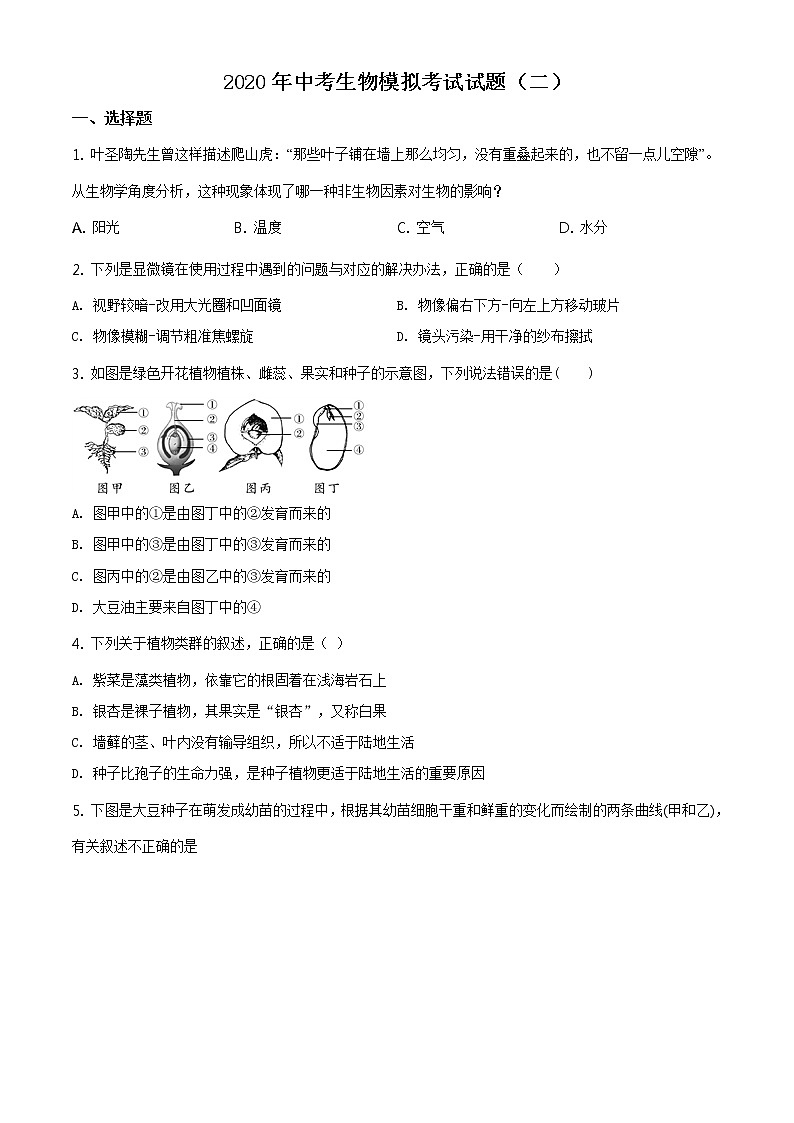 精品解析:2020年山东省聊城临清市九年级中考二模生物试题(解析版+原卷板)01