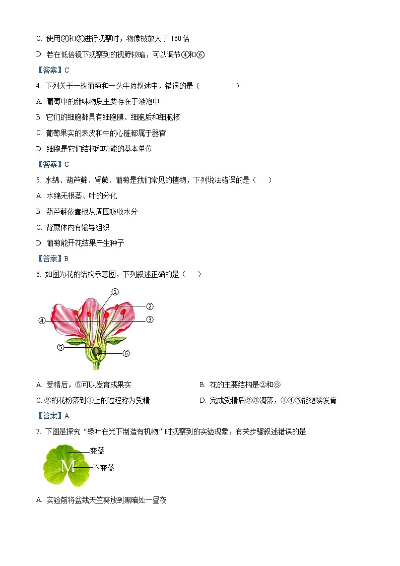 2021年山东省莘县中考二模生物试题及答案02