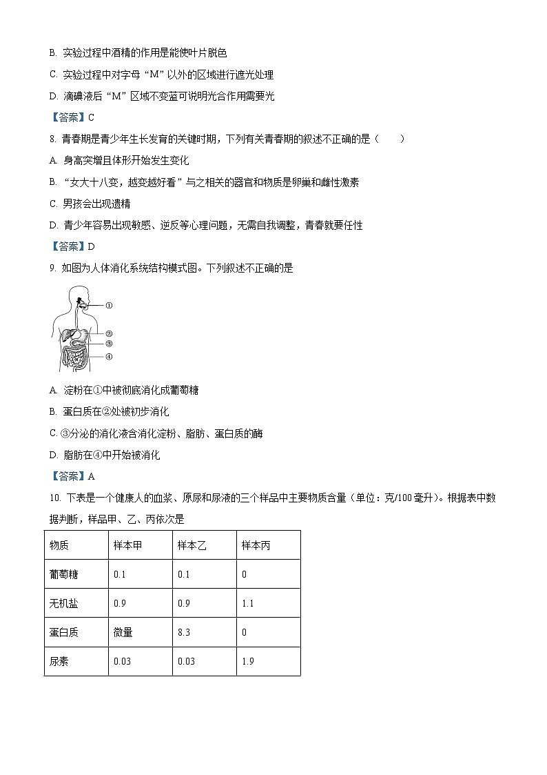 2021年山东省莘县中考二模生物试题及答案03