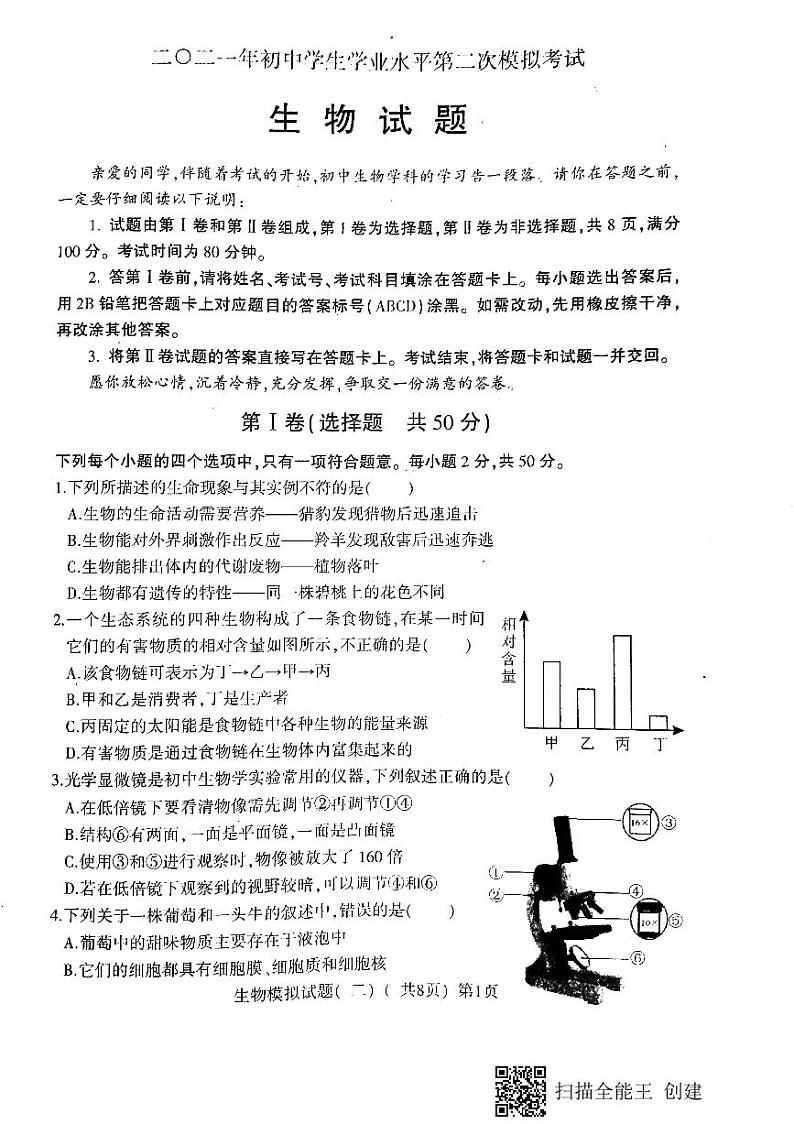 2021年山东省聊城市莘县中考二模生物试题(扫描版)及答案01