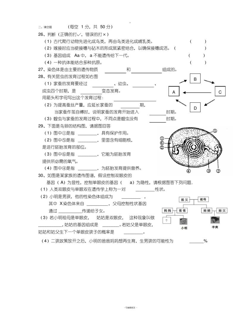 八年级下册人教版生物期末考试试卷及答案03