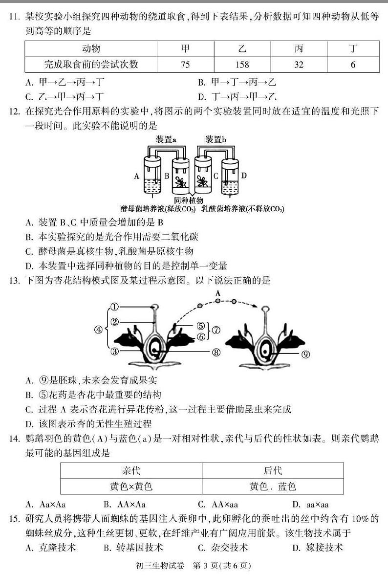 2020届北京顺义区初三二模生物试题及答案第3页