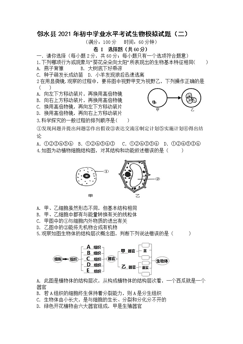 2021年四川省广安市邻水县初中学业水平考试模拟试题(二)生物试题第1页