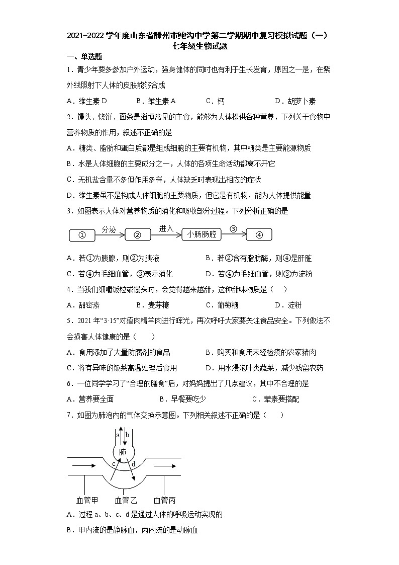山东省滕州市鲍沟中学2021-2022学年下学期七年级期中复习生物模拟试题(word版含答案)第1页