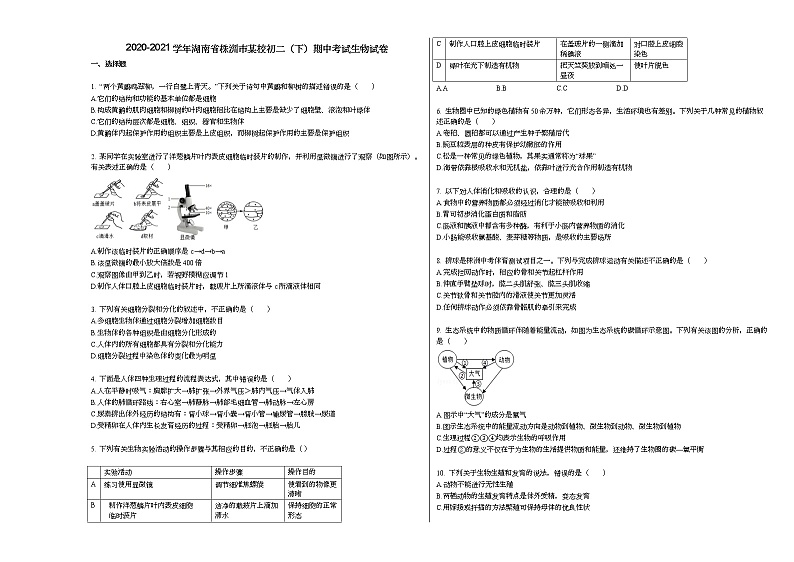 2020-2021学年湖南省株洲市某校初二(下)期中考试生物试卷人教版第1页