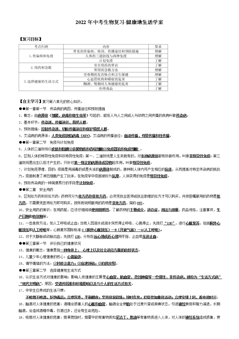 2022年中考生物复习-健康地生活学案（无答案）01