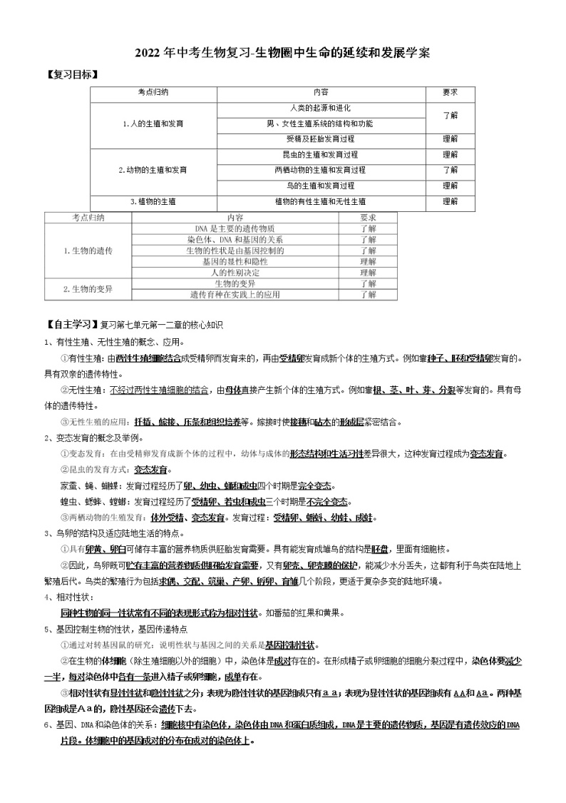 2022年中考生物复习-生物圈中生命的延续和发展学案（无答案）01