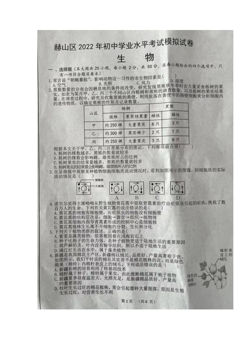 2022年湖南省益阳市郝山区初中学业水平考试模拟（一模）生物试题（含答案）01