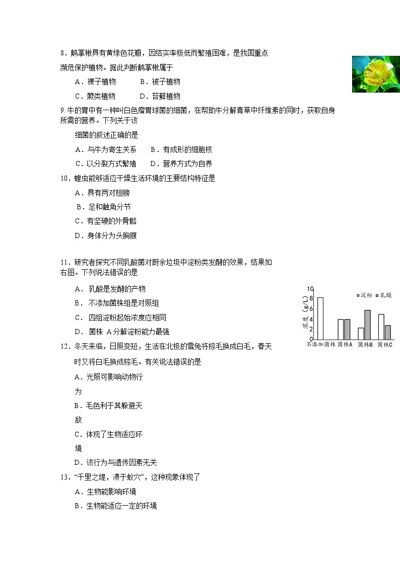 2022年北京市昌平区八年级下学期中考一模生物试卷(含答案)第2页