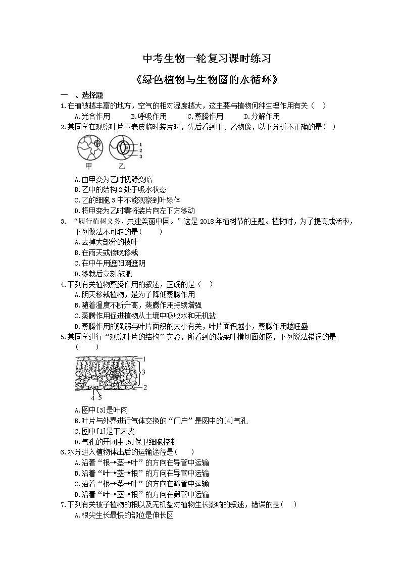 中考生物一轮复习课时练习《绿色植物与生物圈的水循环》(含答案)第1页