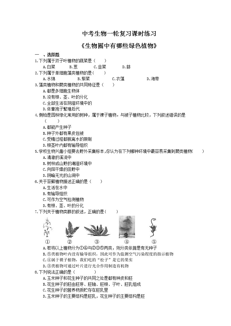 中考生物一轮复习课时练习《生物圈中有哪些绿色植物》(含答案)第1页