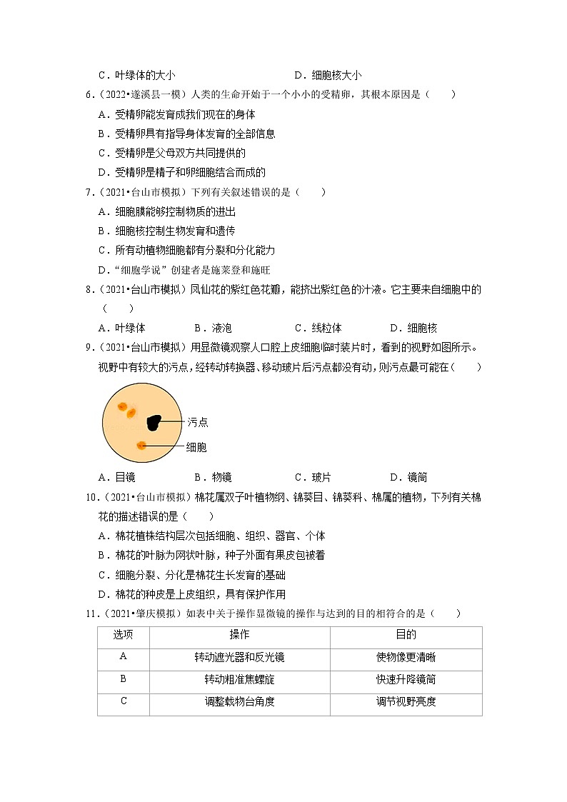 2022年广东省中考生物二轮专题练1-生命体的结构层次第2页
