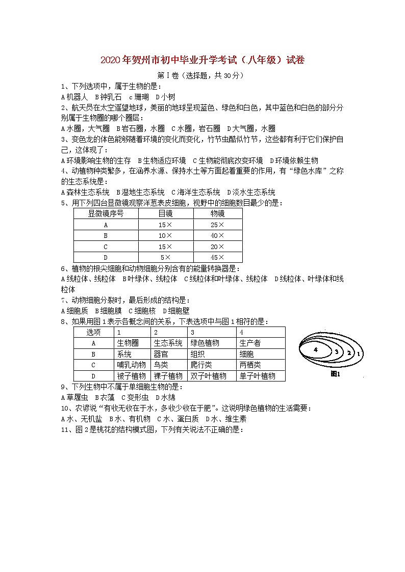 2020年广西贺州市中考生物真题试题第1页
