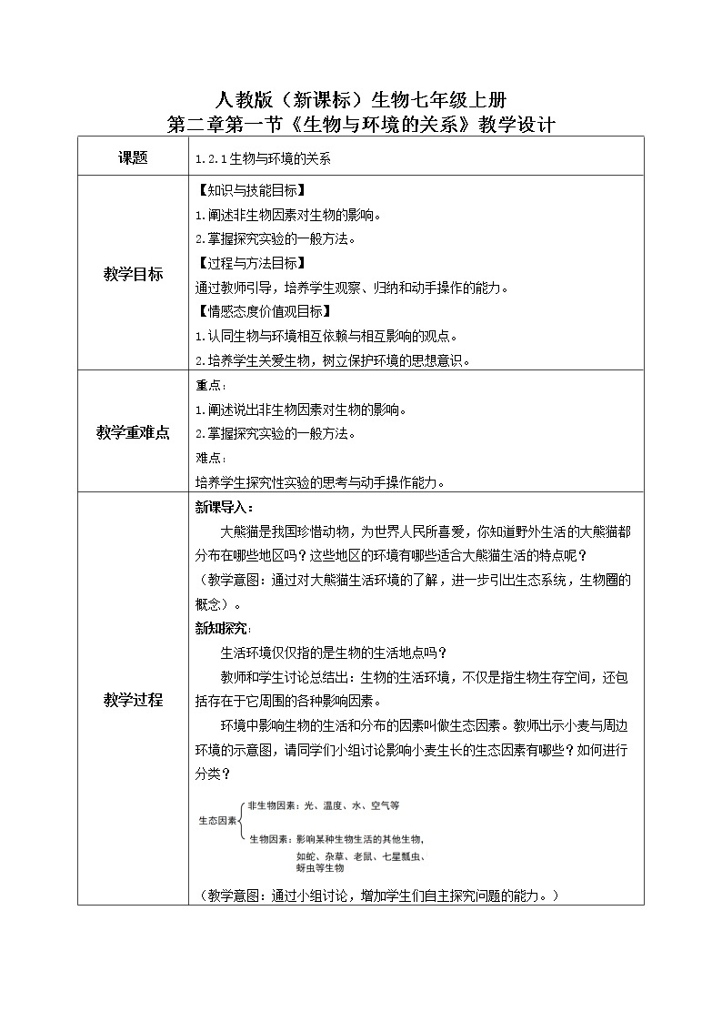 1.2.1《生物与环境的关系》第一课时课件+教学设计+同步练习01