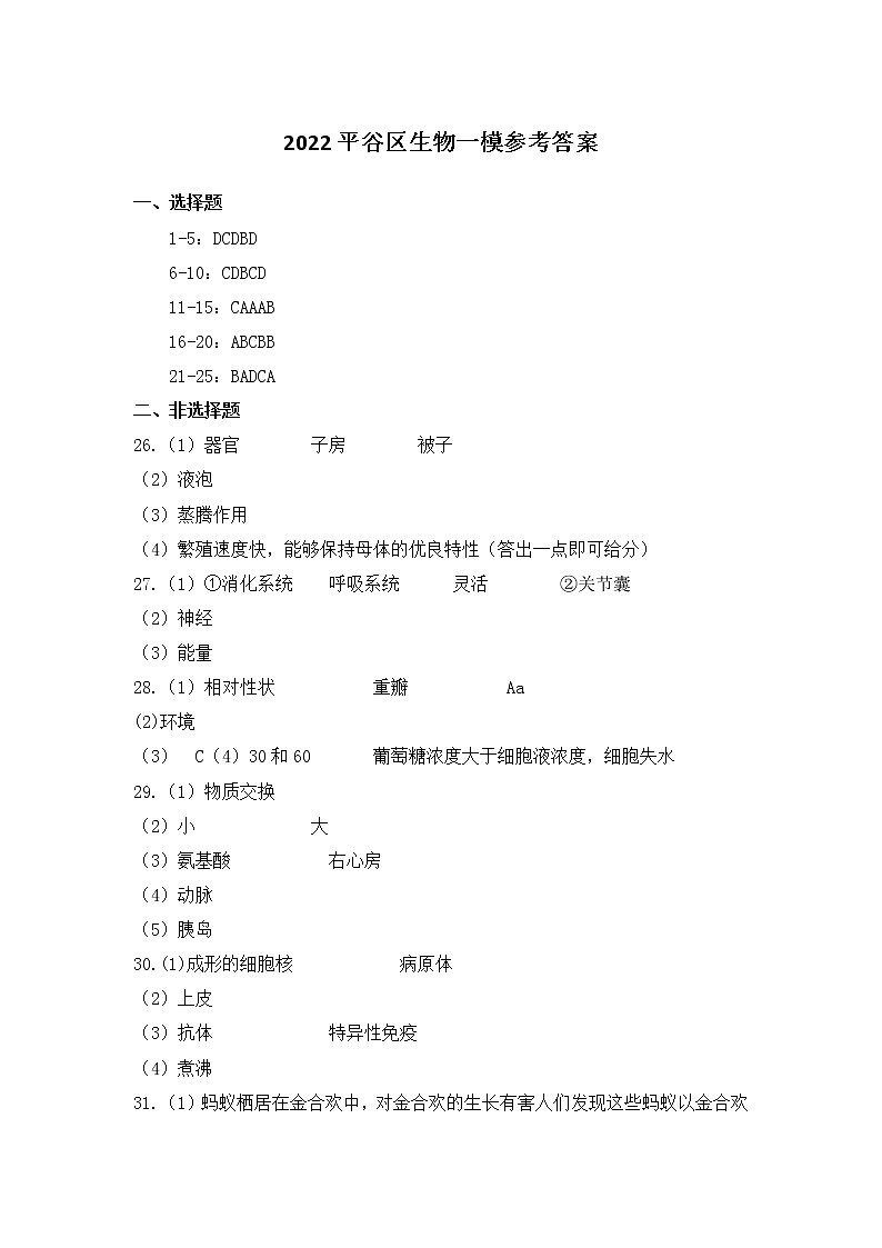2022年北京市平谷区初中学业水平考试一模生物试卷01