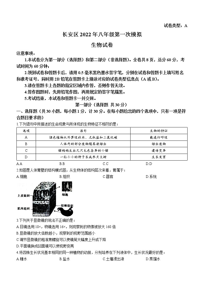 2022年陕西省西安市长安区八年级一模生物试题(word版无答案)01
