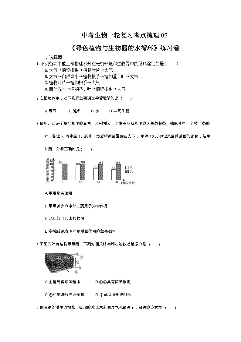中考生物一轮复习考点梳理07《绿色植物与生物圈的水循环》练习卷(含答案)第1页