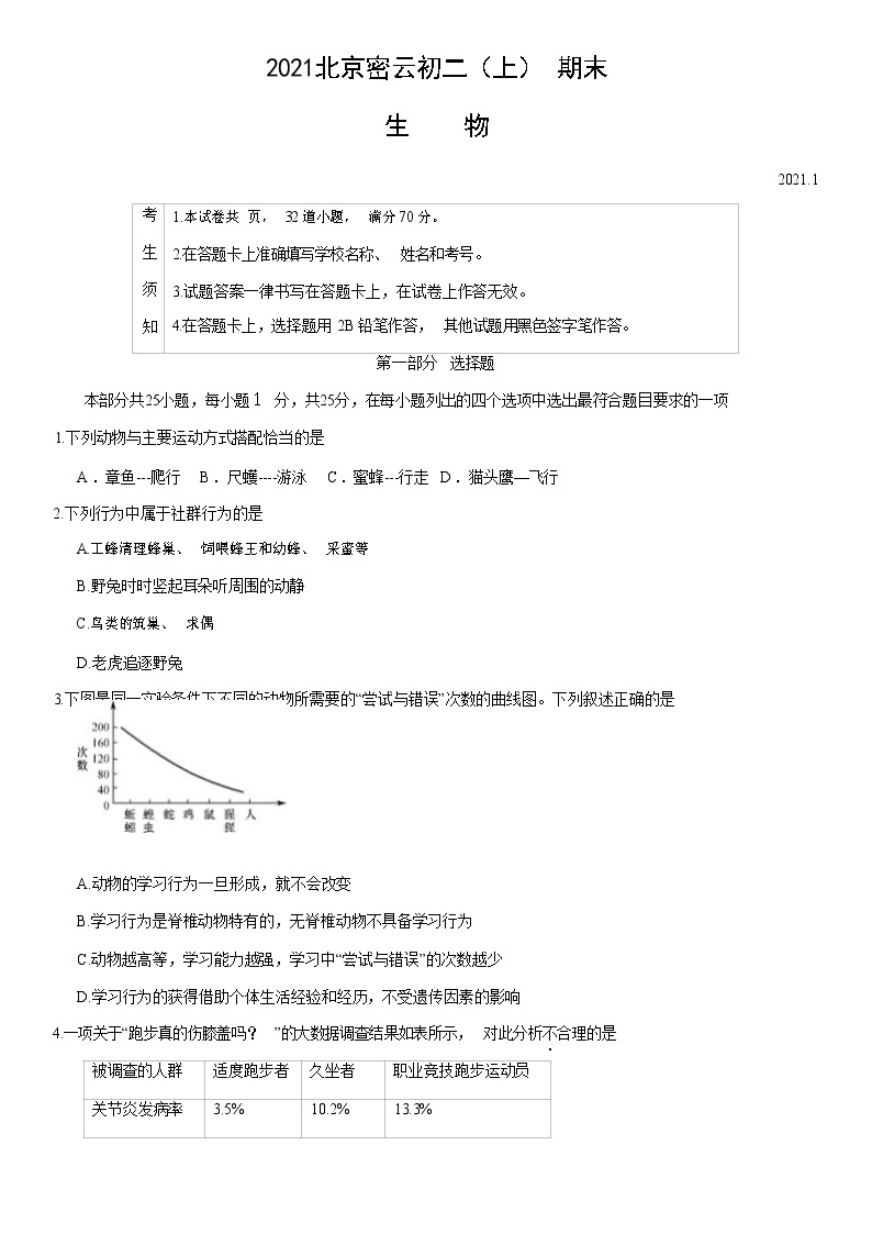 2021北京密云区八年级（上）期末生物试题（解析版）01