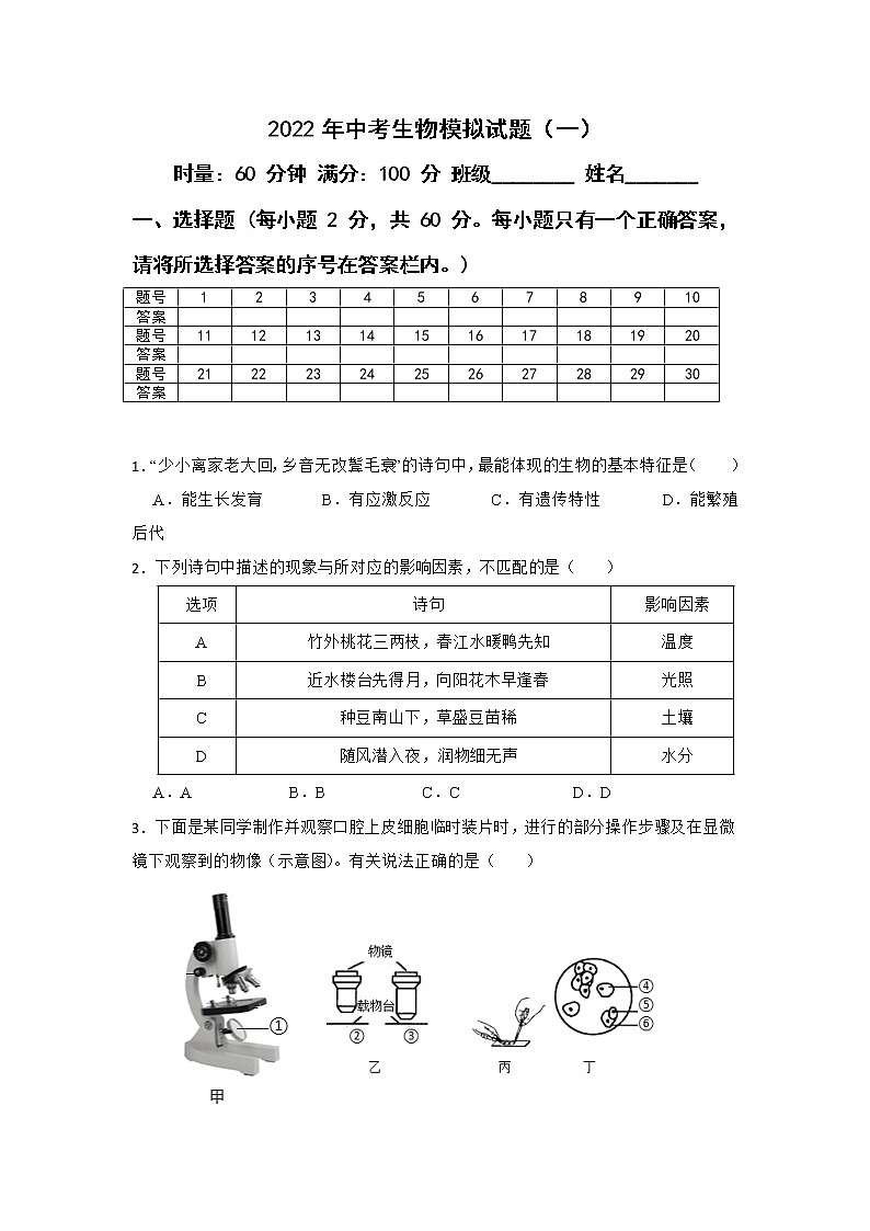 2022年湖南省娄底市涟源市中考模拟(一)生物试题(word版含答案)01