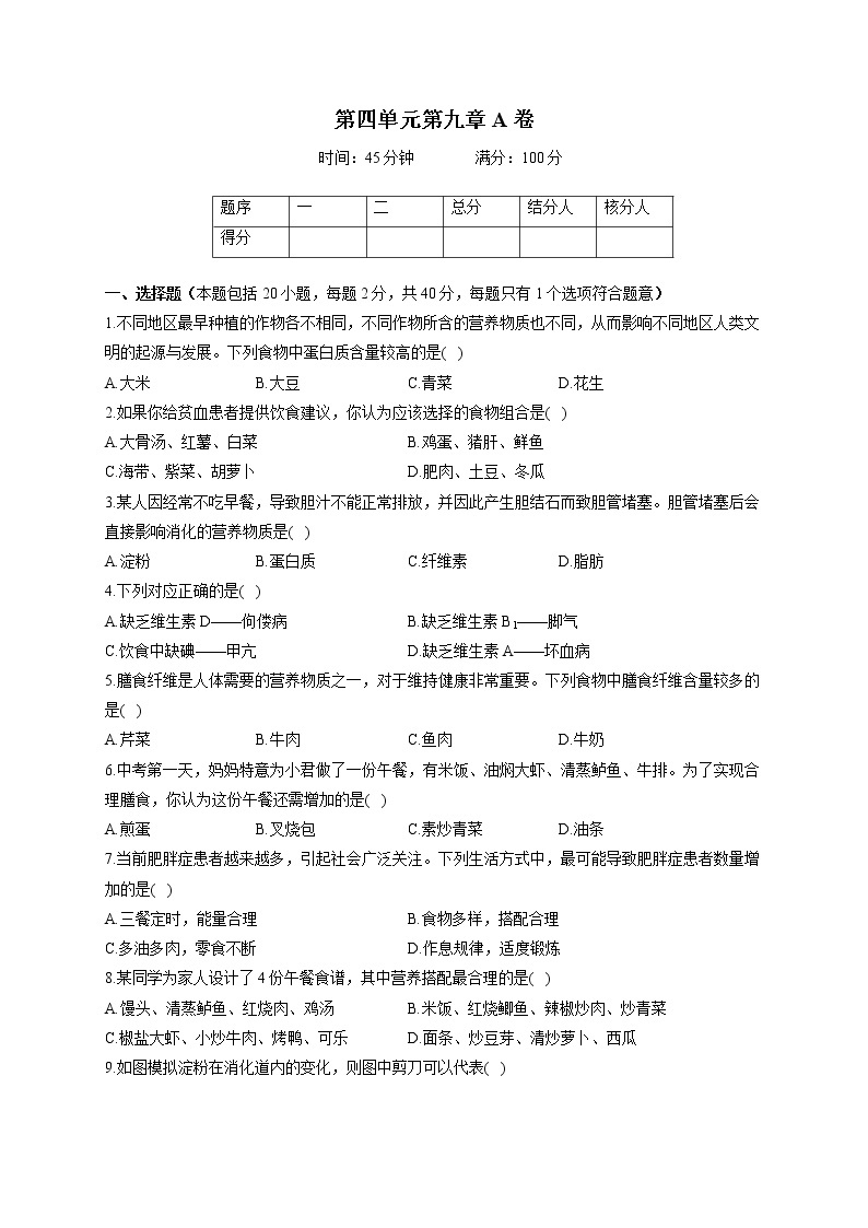 苏教版七年级下册生物单元测试AB卷 第四单元第九章A卷01