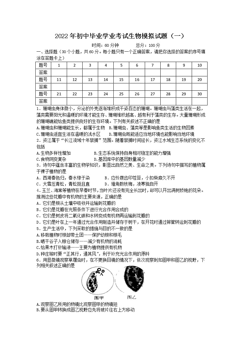 2022年湖南省婁底市冷水江市中考模擬（一）生物試題(word版含答案)第1頁