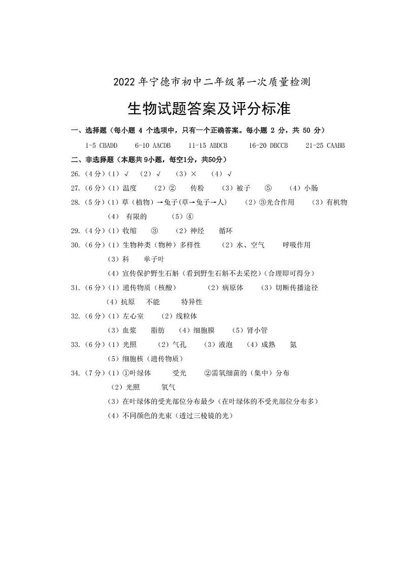 2022年初二第一次质检(生物)答案第1页