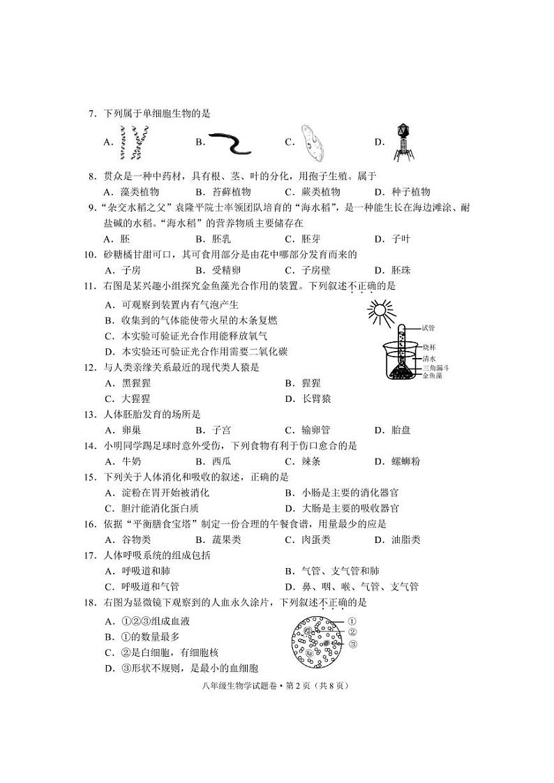 2022年云南省德宏州初中学业水平考试模拟监测生物试题02