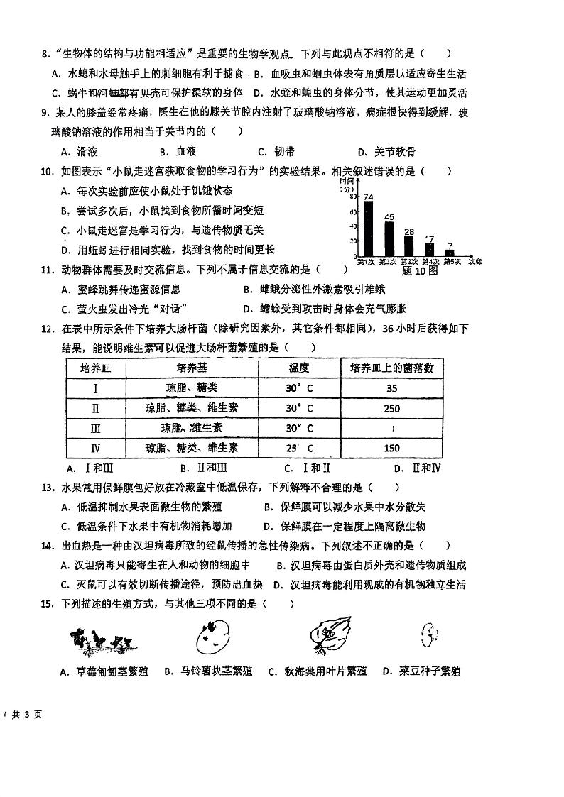 2022年广东省东莞市东城实验中学中考复习练习(一)生物试题02