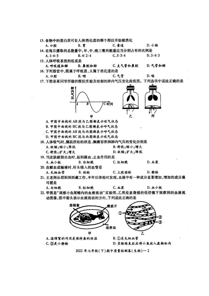 湖南省邵阳市新邵县2021-2022学年七年级下学期期中考试生物试题(含答案)02