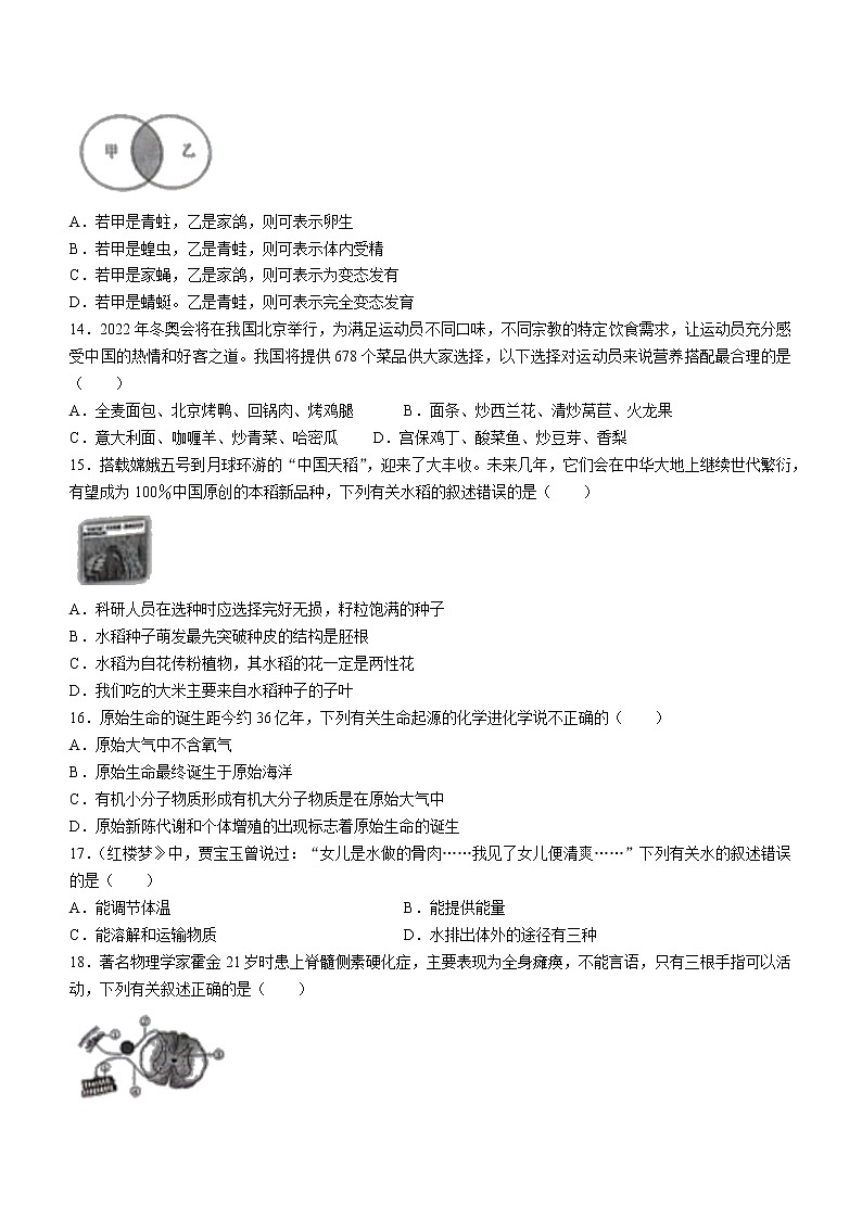 2022年山东省德州市乐陵市第一次练兵考试(一模)生物试题(有答案)03