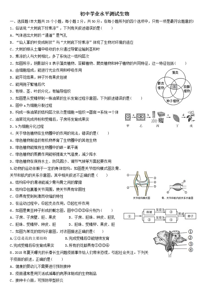 2022年山东省德州市齐河县鼎新中学中考模拟生物试题(word版含答案)01
