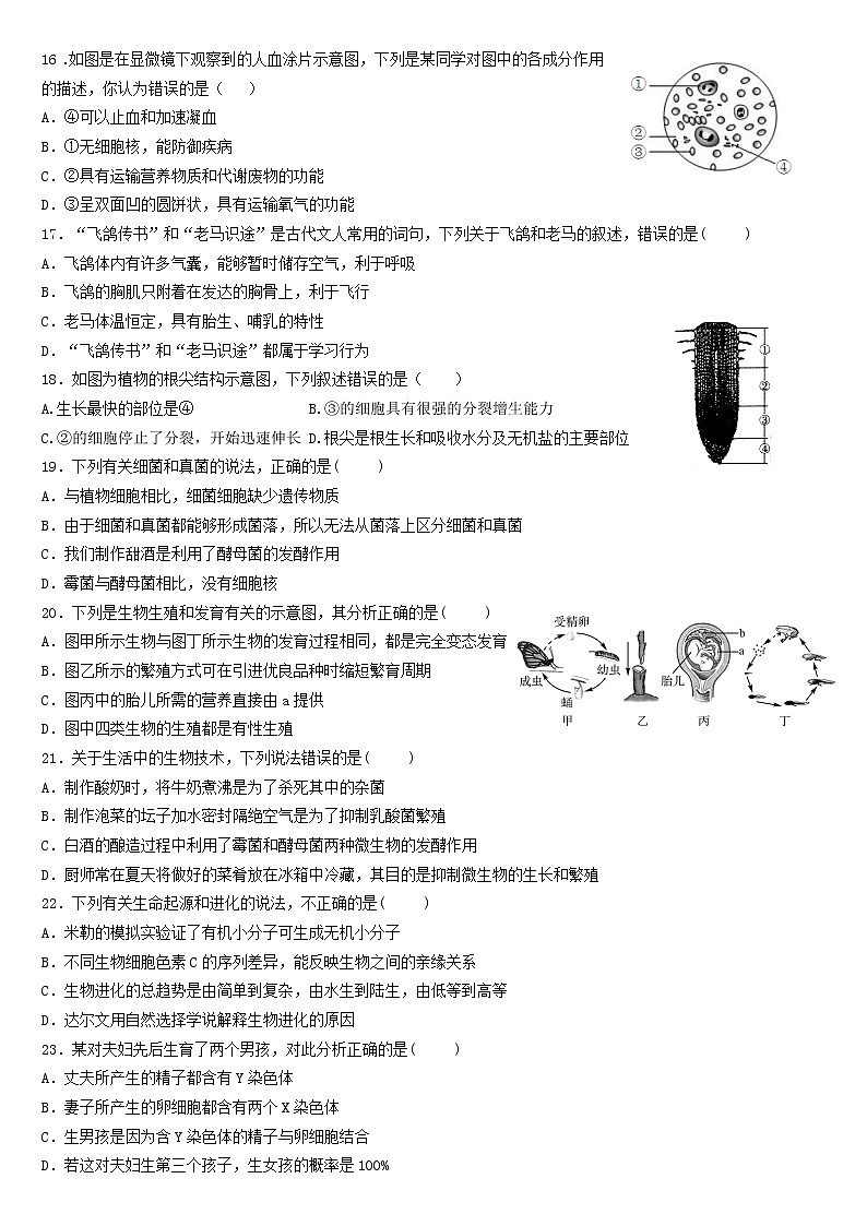 2022年山东省德州市齐河县鼎新中学中考模拟生物试题(word版含答案)03