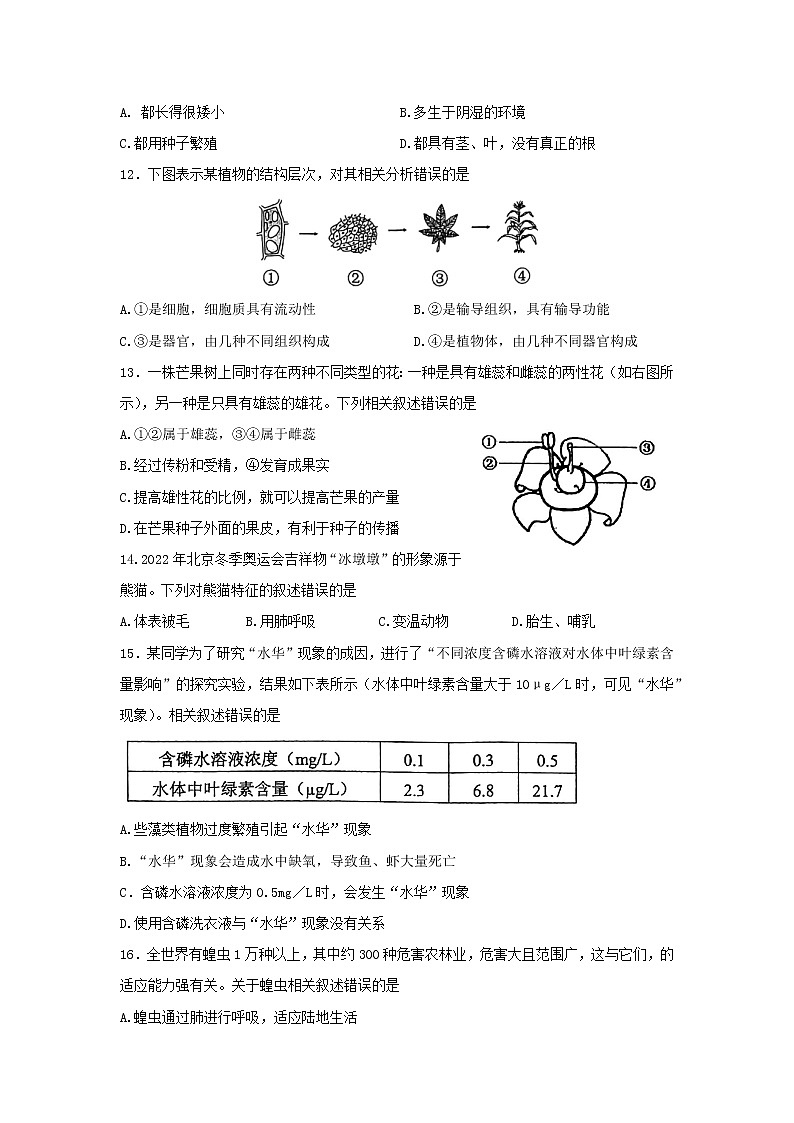 江苏省南通市崇川区2021-2022学年七年级下学期期中质量调研生物试题(含答案)第3页