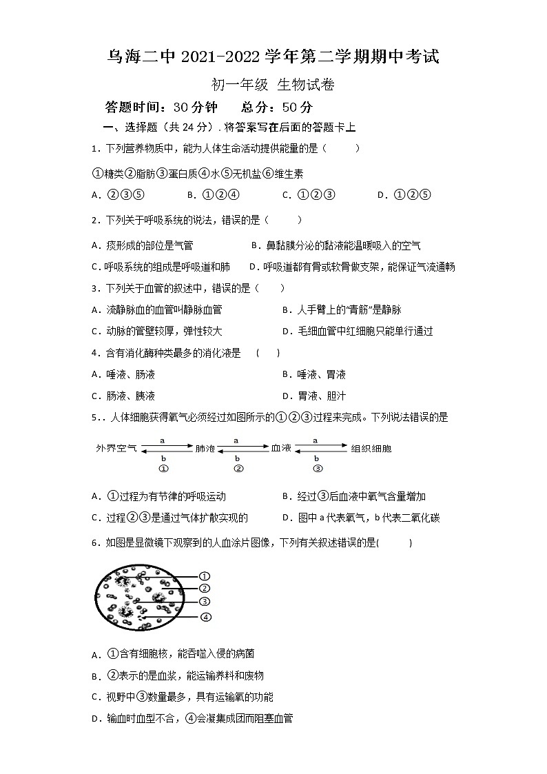 内蒙古乌海市第二中学2021-2022学年七年级下学期期中考试生物试题(含答案)01