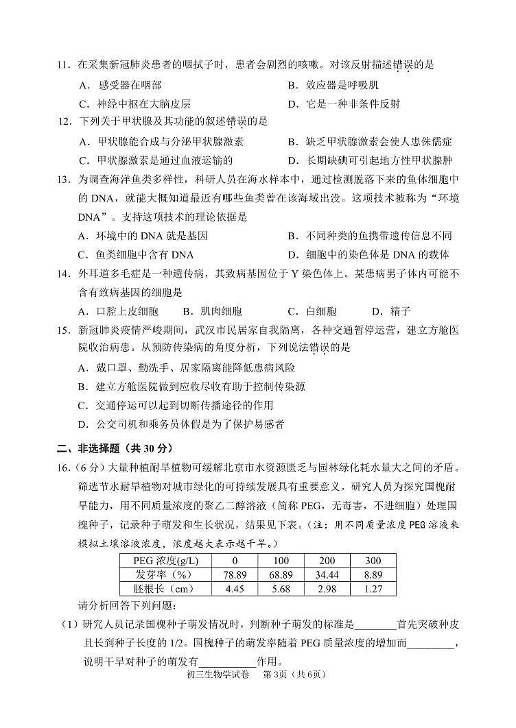 2020年北京市石景山区一模生物试卷无答案第3页