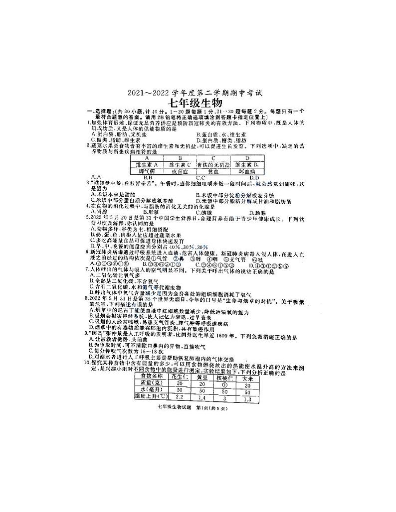 山东省枣庄市滕州市2021-2022学年七年级下学期期中考试生物试题(含答案)第1页