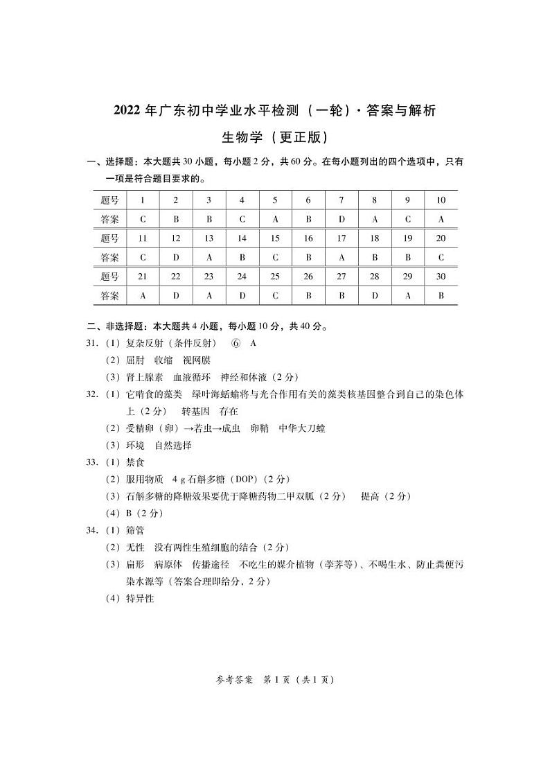 2022年广东省潮州市潮安区初中学业水平检测(一轮)生物试卷01