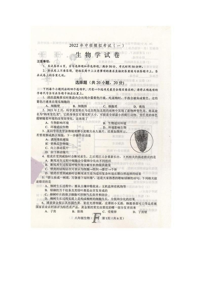 方城县2022年春期期中生物中招模拟试卷第1页