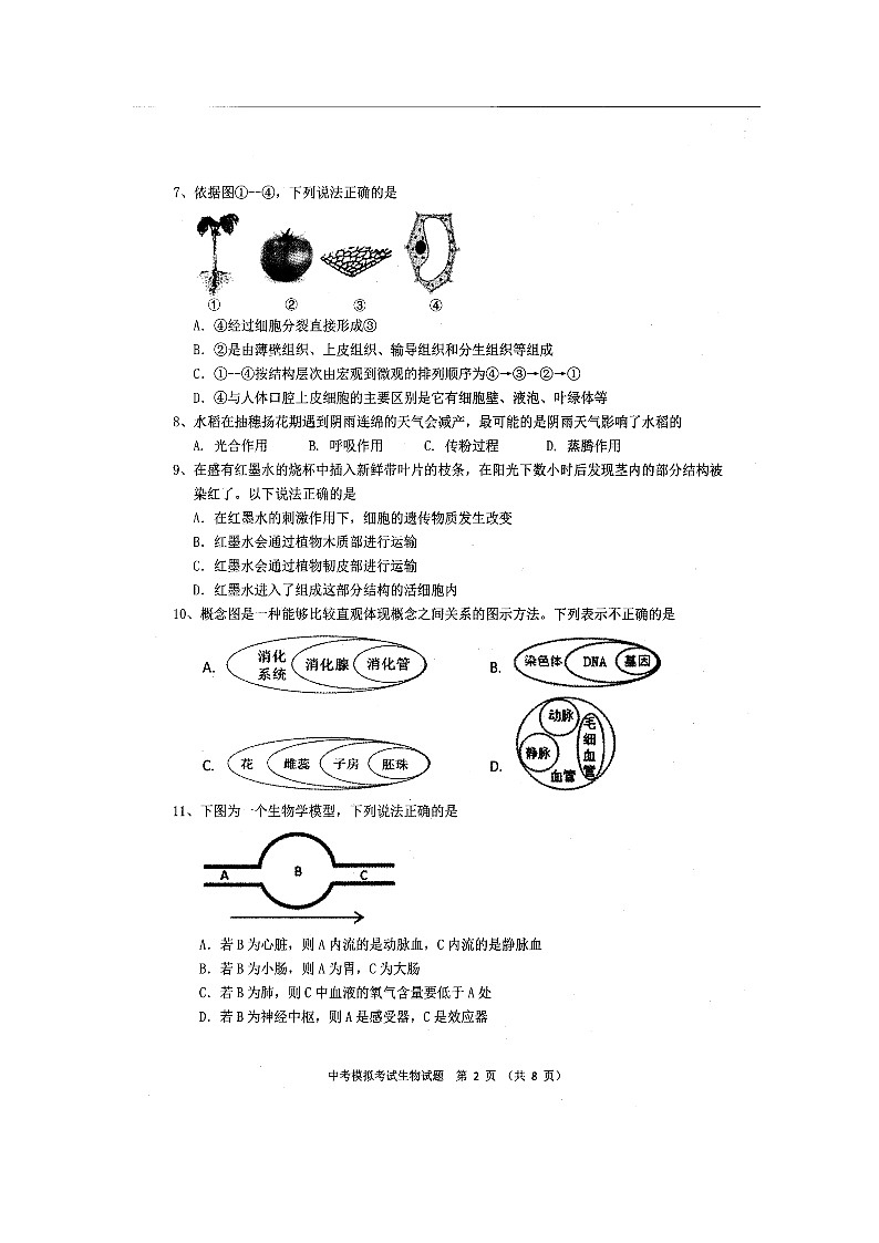 2022年广东省普宁市中考模拟考试生物试题02
