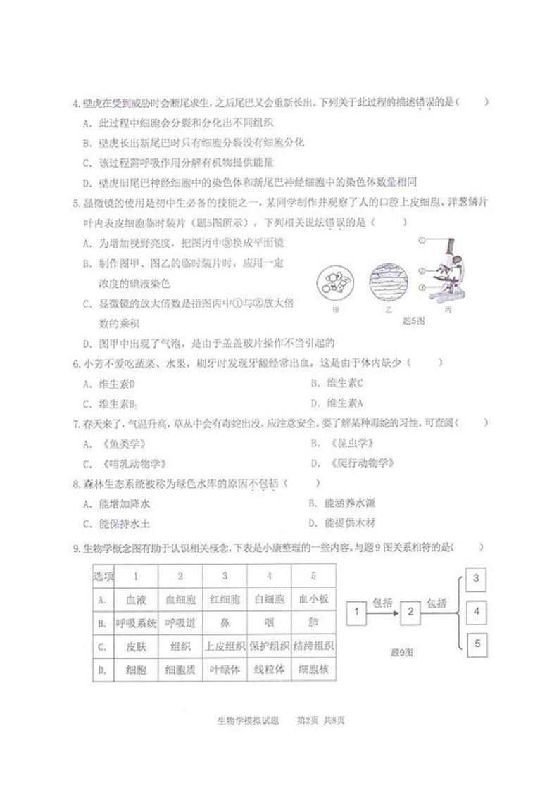 2022年广东省河源市初中学业水平模拟考试生物试题02