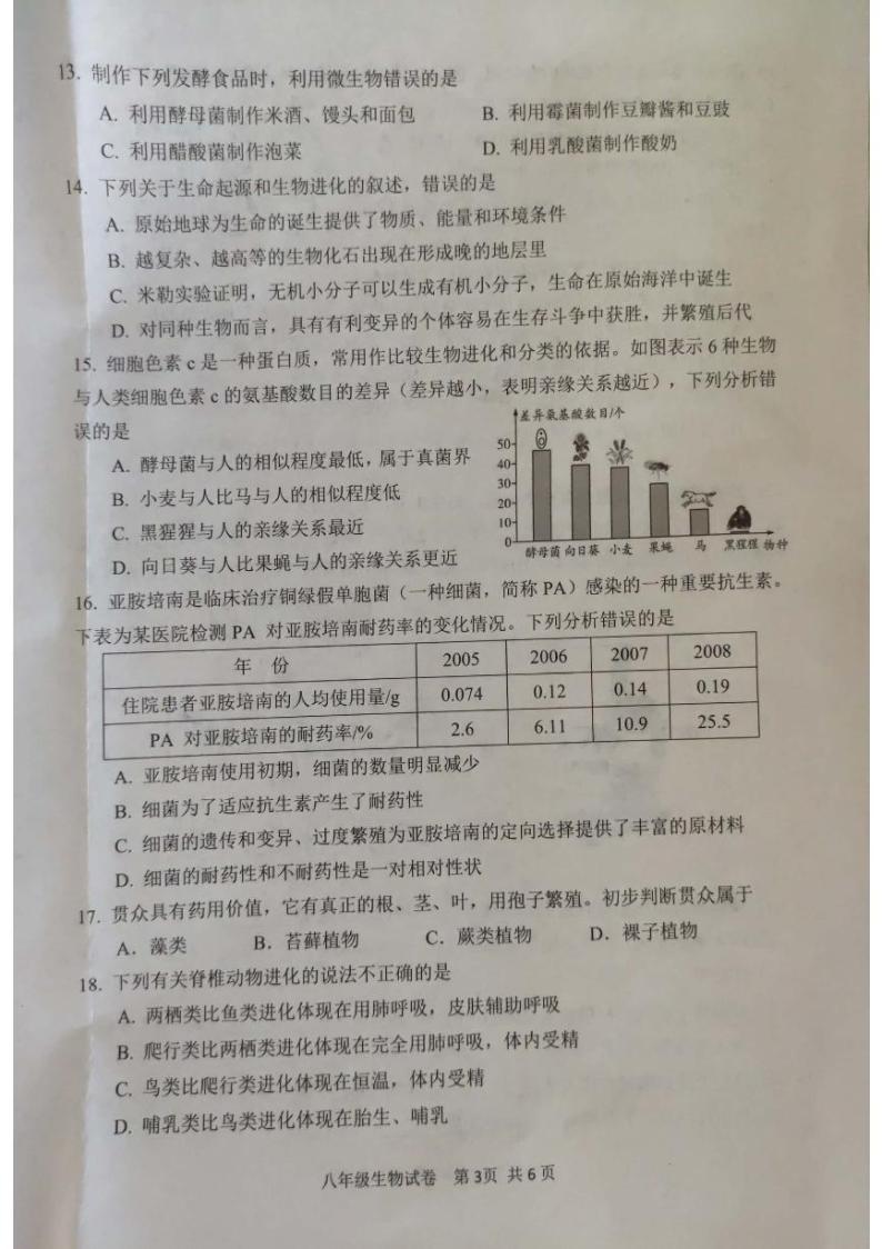 2022年河南省安阳市中考模拟考试一（一模）生物试题（有答案）03