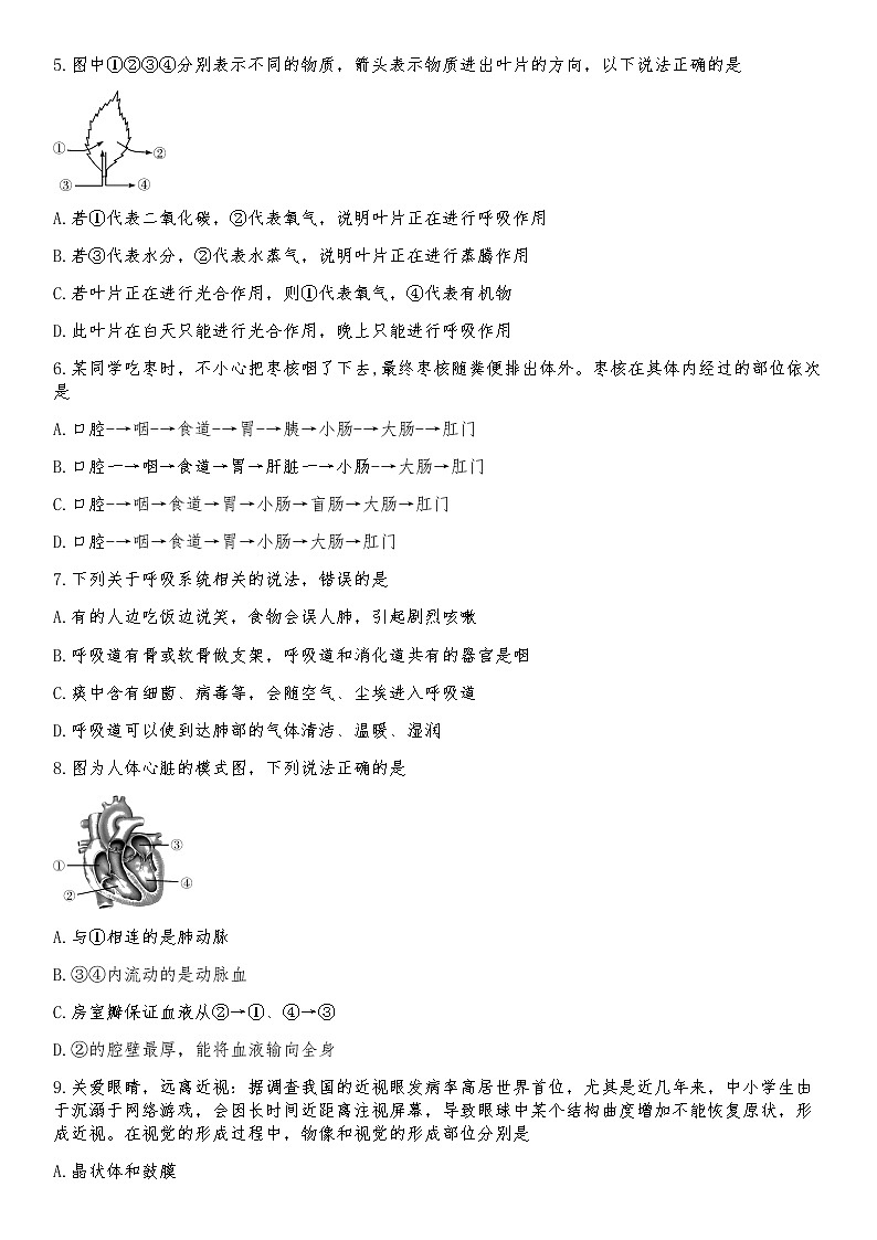 2022年湖北省襄阳市老河口市中考适应性考试生物试题(无答案)第2页